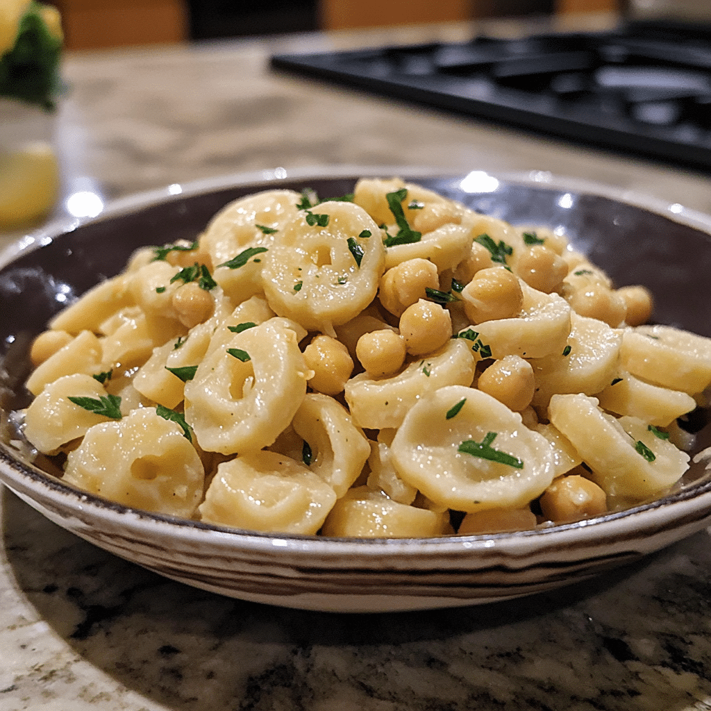 Homemade lemon garlic chickpea pasta in a serving dish in a bright kitchen