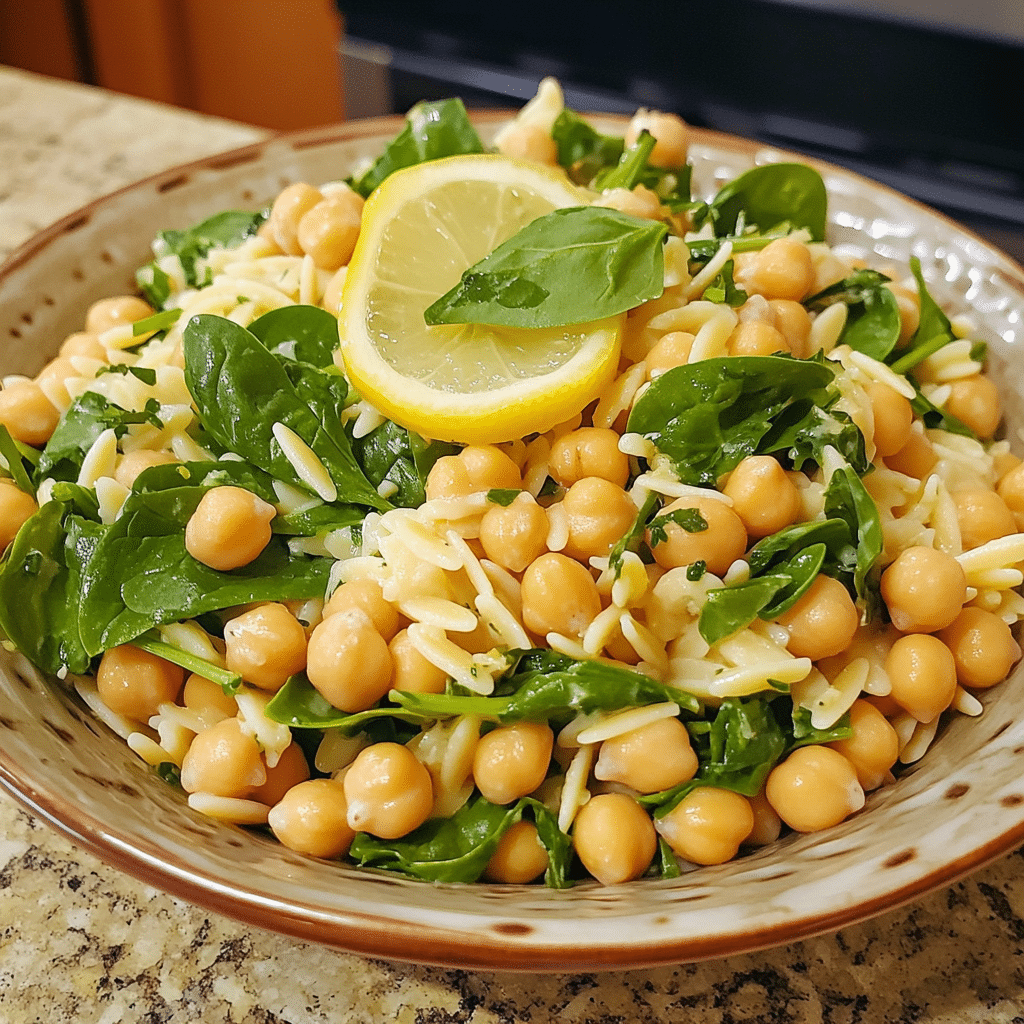 Homemade lemon orzo salad with baby spinach and chickpeas in a serving dish in a bright kitchen