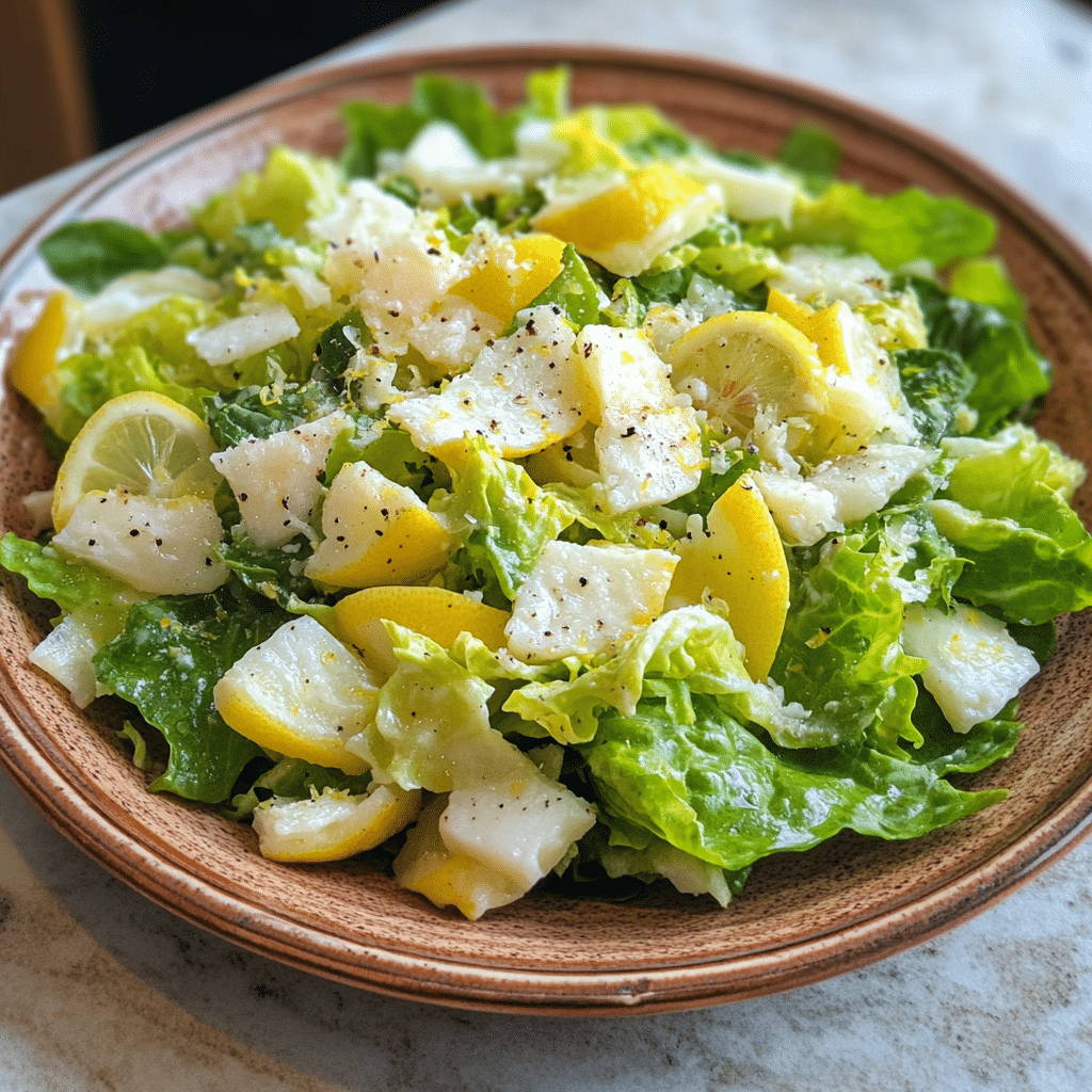 Homemade lemon parmesan lettuce salad in a serving dish in a bright kitchen