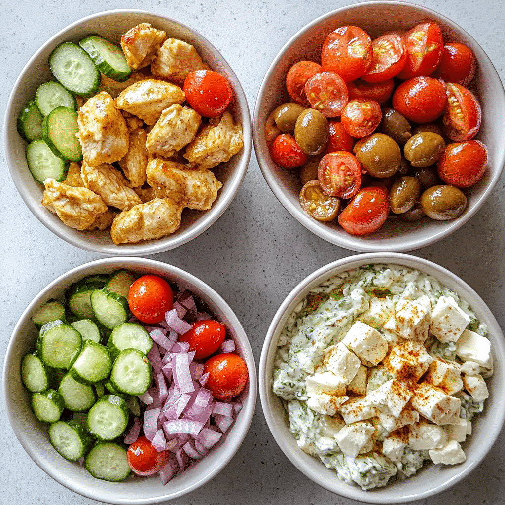Greek chicken bowl with tzatziki cucumber tomatoes olives and feta