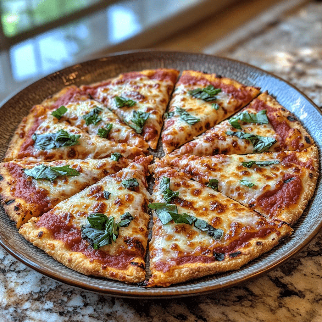 Homemade low carb grilled pizza in a serving dish in a bright kitchen
