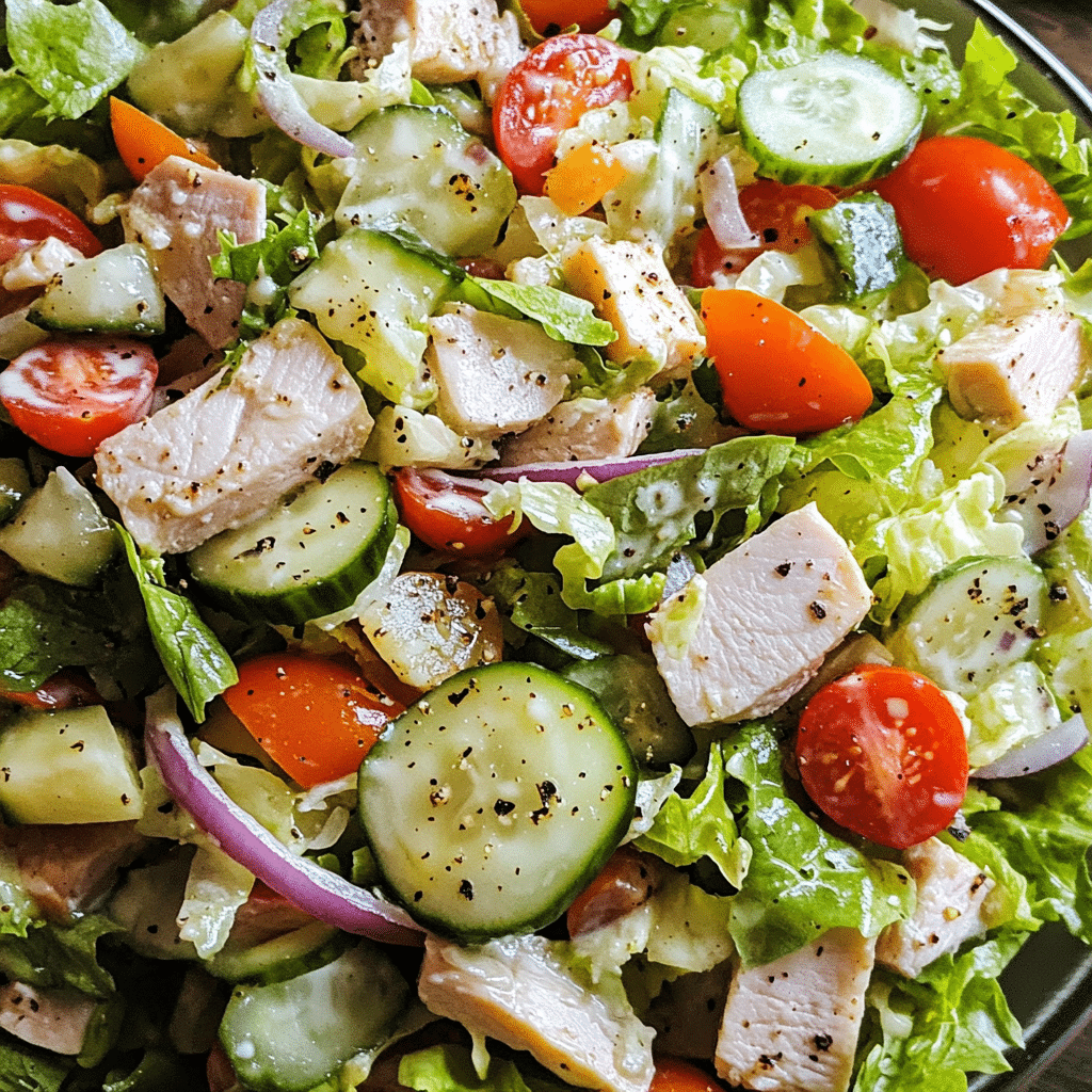 Low carb Italian grinder salad with lettuce, turkey, cheese, pepperoncini, and creamy dressing
