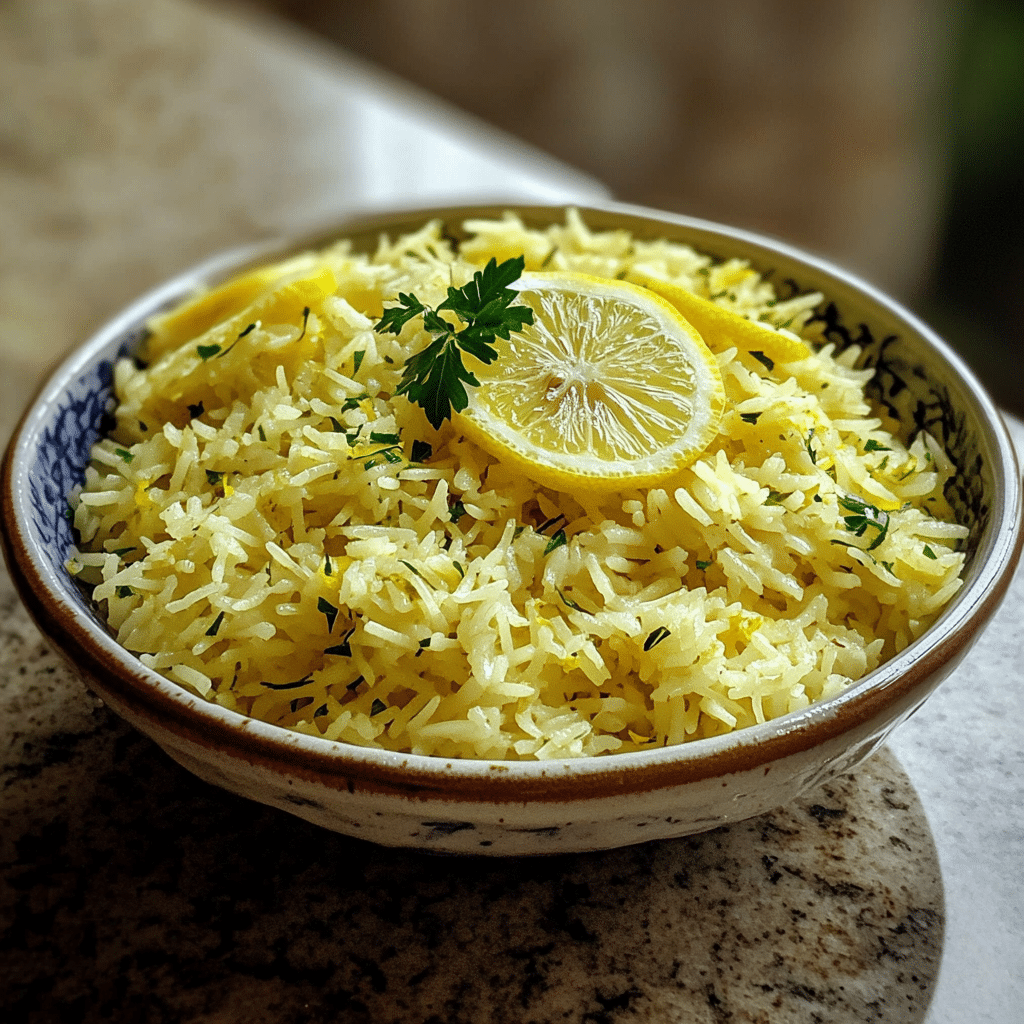 Homemade make flavorful greek lemon rice in minutes in a serving dish in a bright kitchen