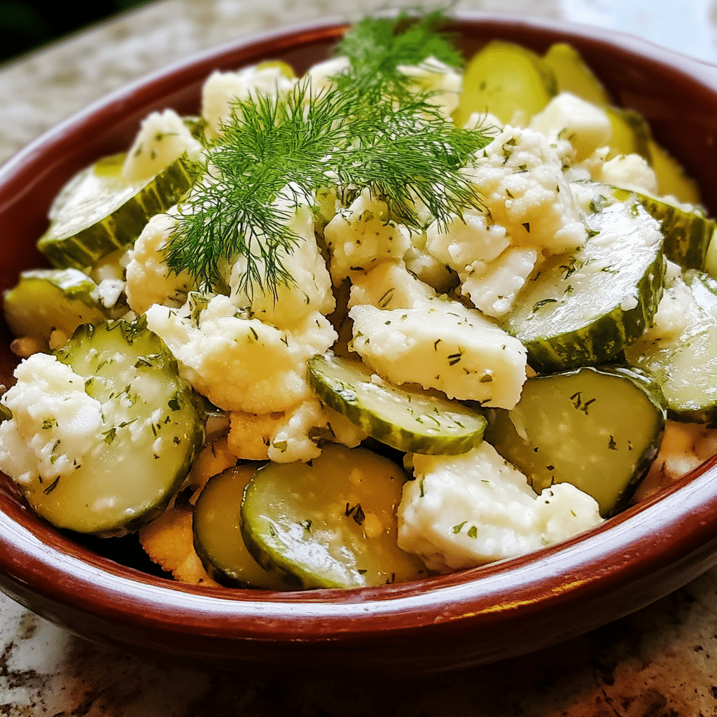 Homemade make this tasty low carb dill pickle salad with cauliflower for your next picnic, potluck, or party! in a serving dish in a bright kitchen