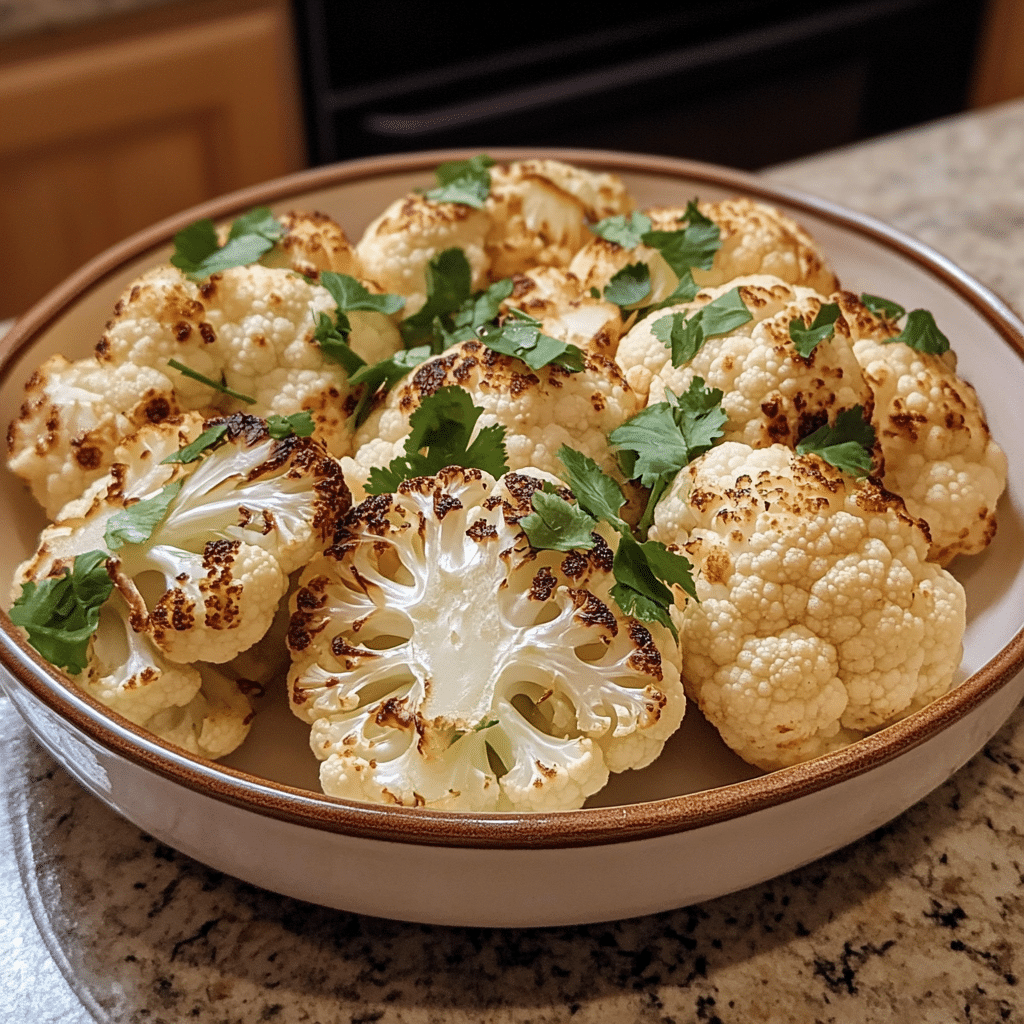 Homemade marry me roasted cauliflower in a serving dish in a bright kitchen