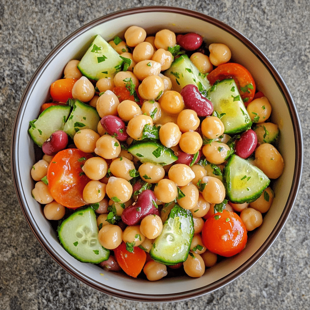 Mediterranean bean salad with cucumber tomatoes herbs and beans