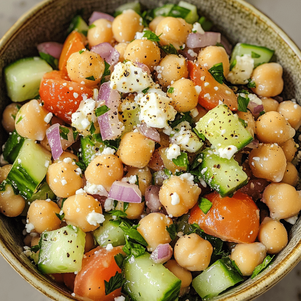 Mediterranean chickpea salad with cucumbers, tomatoes, parsley, feta-style cheese, and lemon dressing