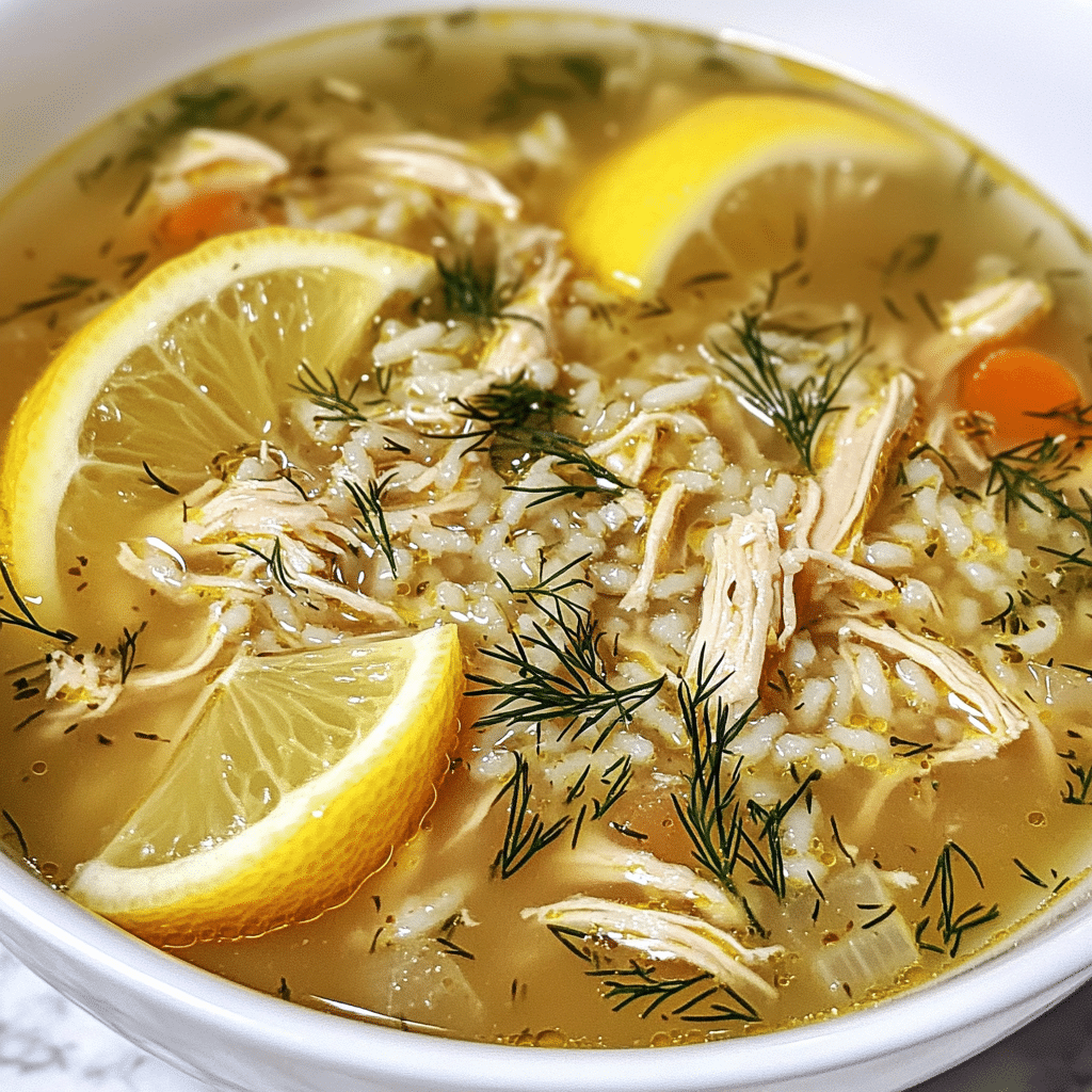 Mediterranean lemon chicken soup with shredded chicken, rice, dill, and lemon wedges