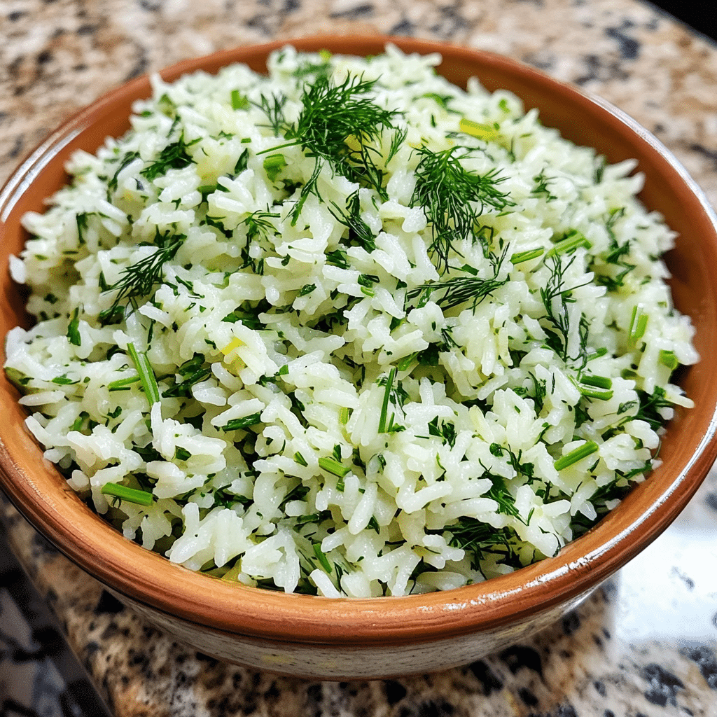 Homemade mediterranean lemon dill and spinach rice in a serving dish in a bright kitchen