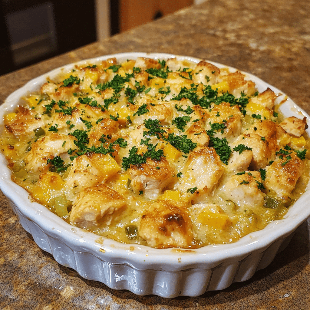 Homemade million dollar chicken casserole in a serving dish in a bright kitchen