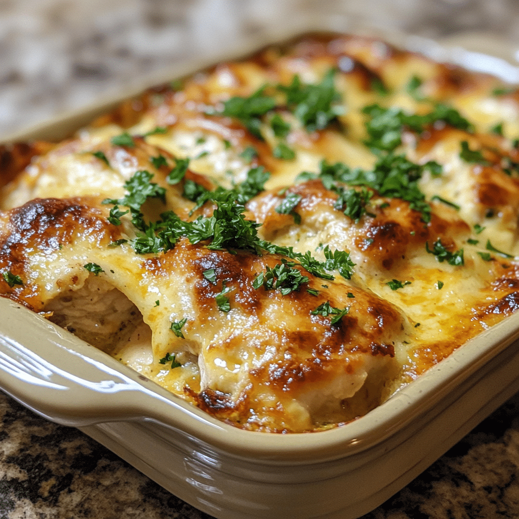 Homemade million dollar chicken casserole in a serving dish in a bright kitchen