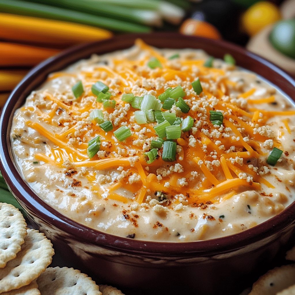 Bowl of creamy million dollar party dip topped with green onions and cheddar-style cheese