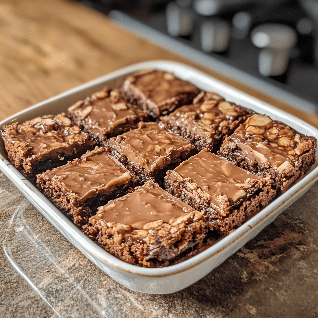 Homemade millionaire bars recipe in a serving dish in a bright kitchen