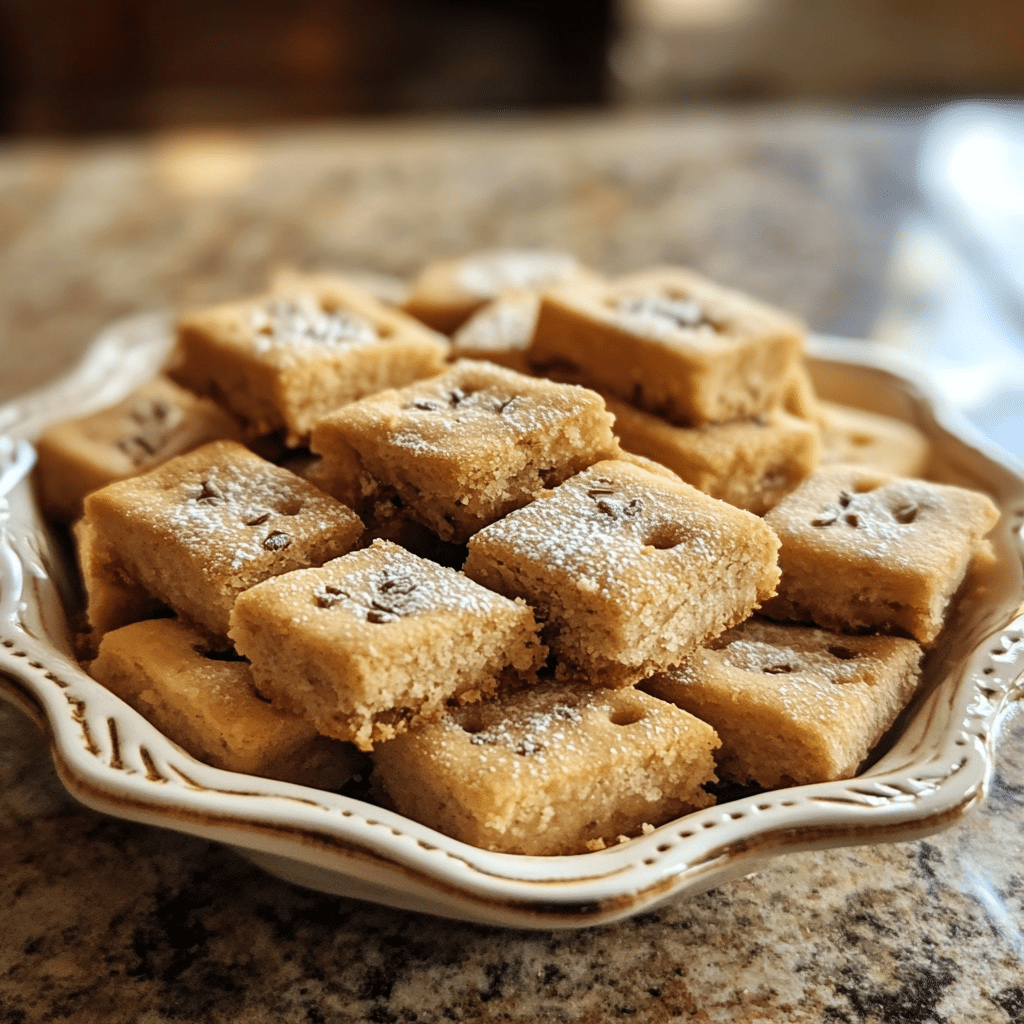 Homemade millionaire’s shortbread in a serving dish in a bright kitchen