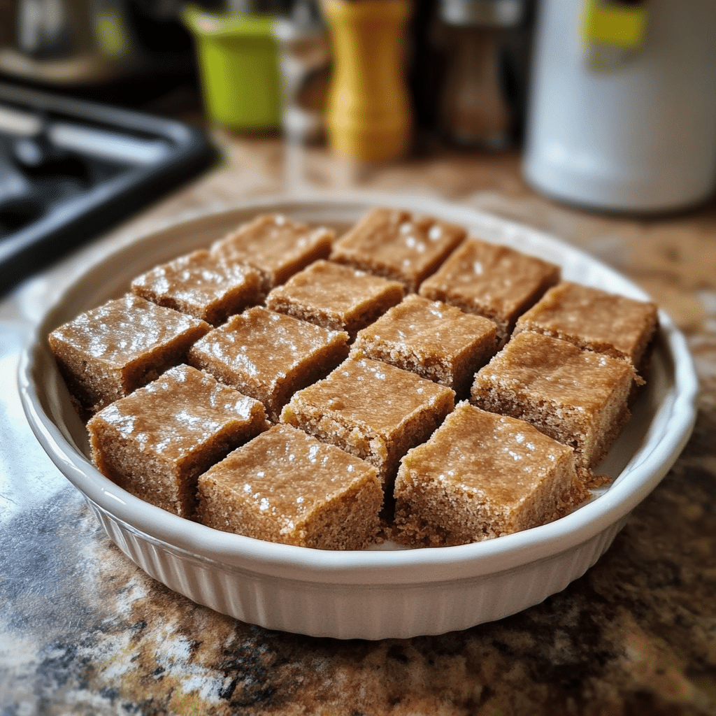 Homemade millionaire's shortbread in a serving dish in a bright kitchen
