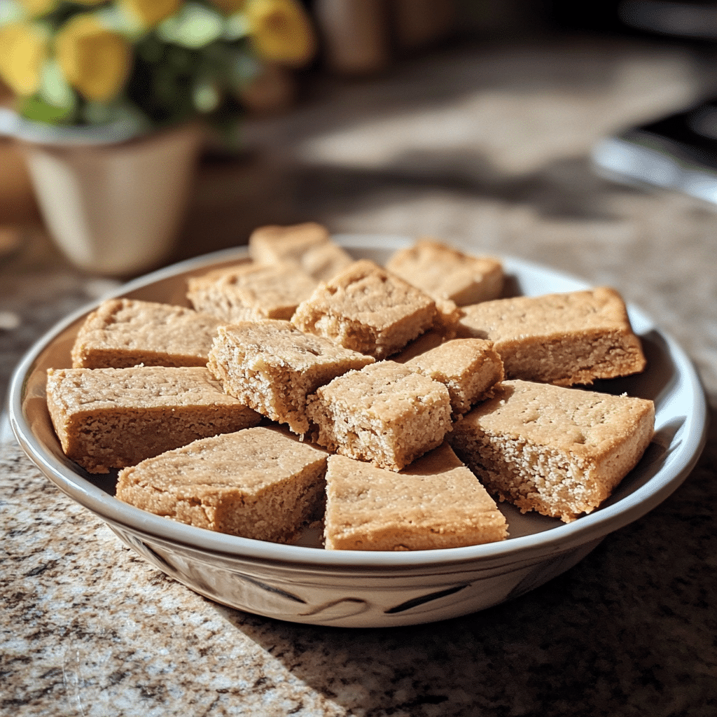 Homemade millionaire’s shortbread in a serving dish in a bright kitchen