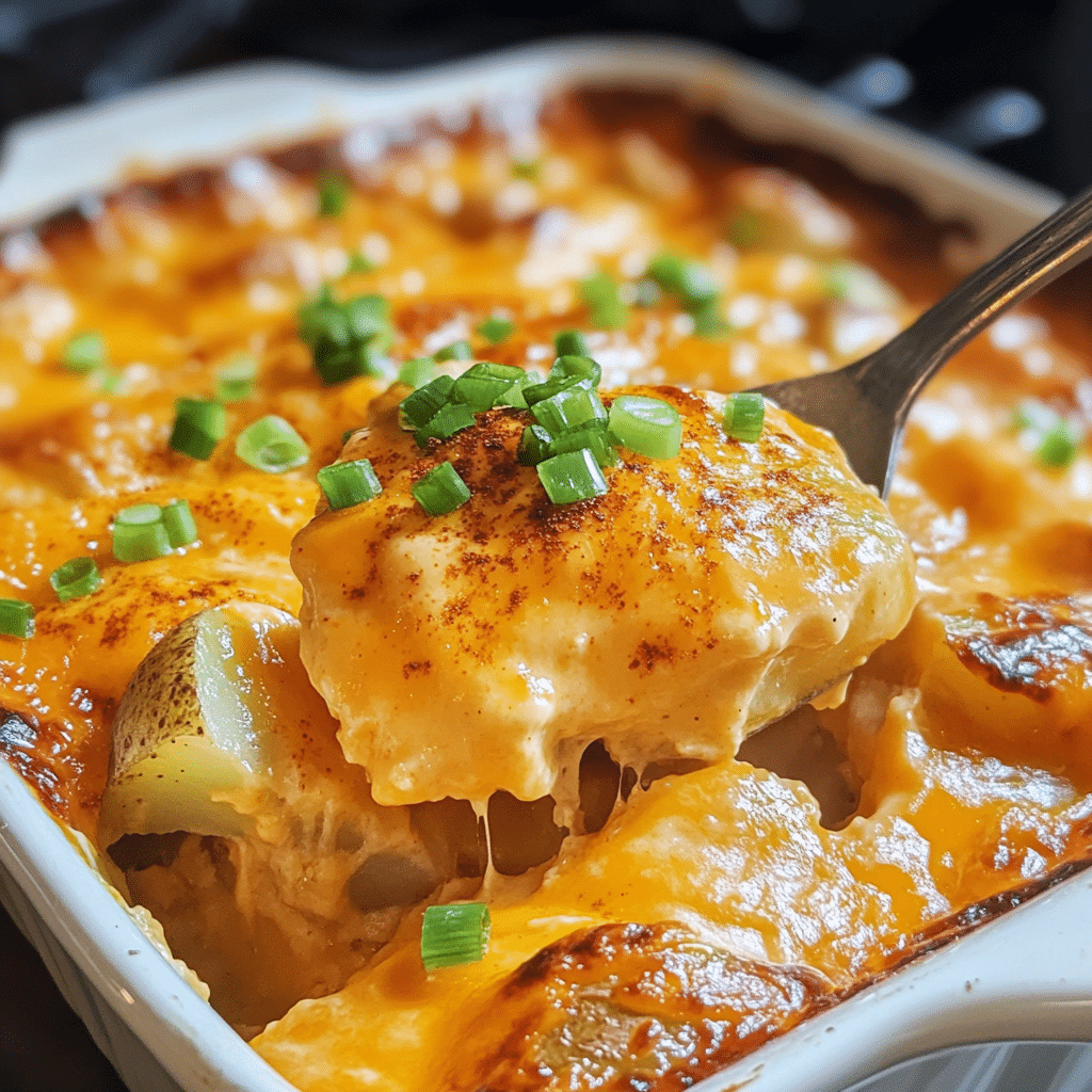 Cheesy Mississippi mud potatoes casserole with green onions and melted cheese