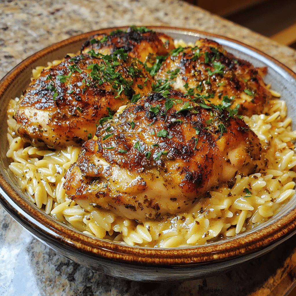 Homemade mouth-watering crockpot mustard herb chicken and creamy orzo in a serving dish in a bright kitchen