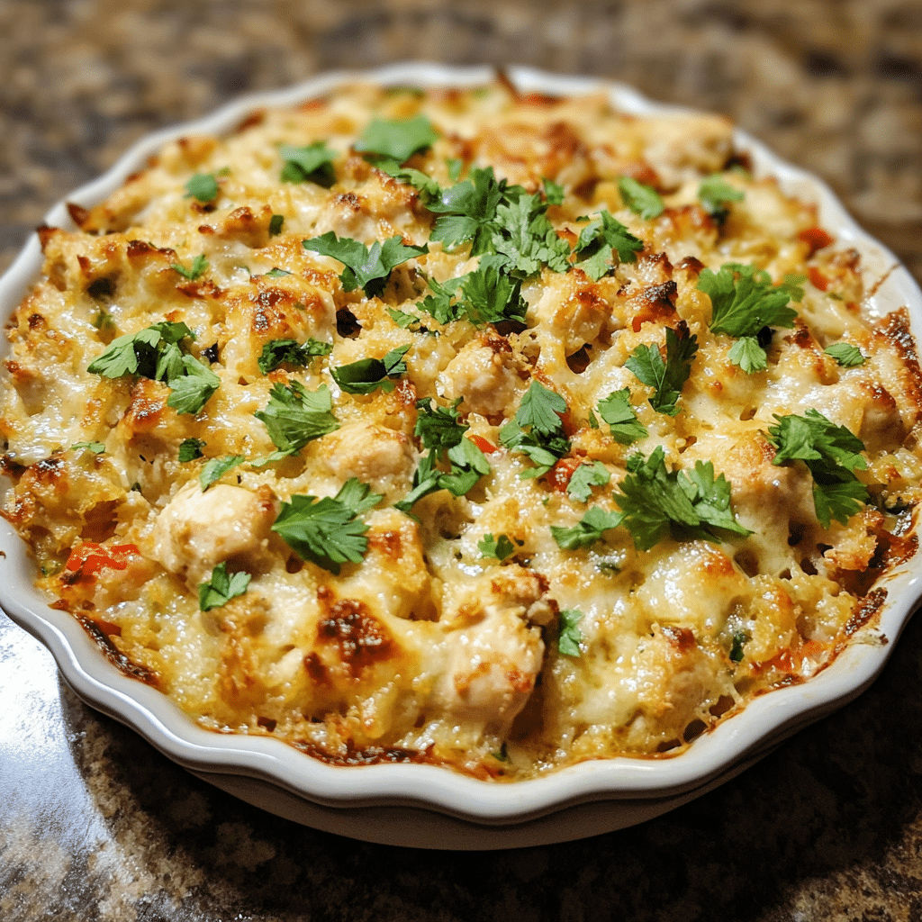 Homemade neiman marcus chicken casserole in a serving dish in a bright kitchen