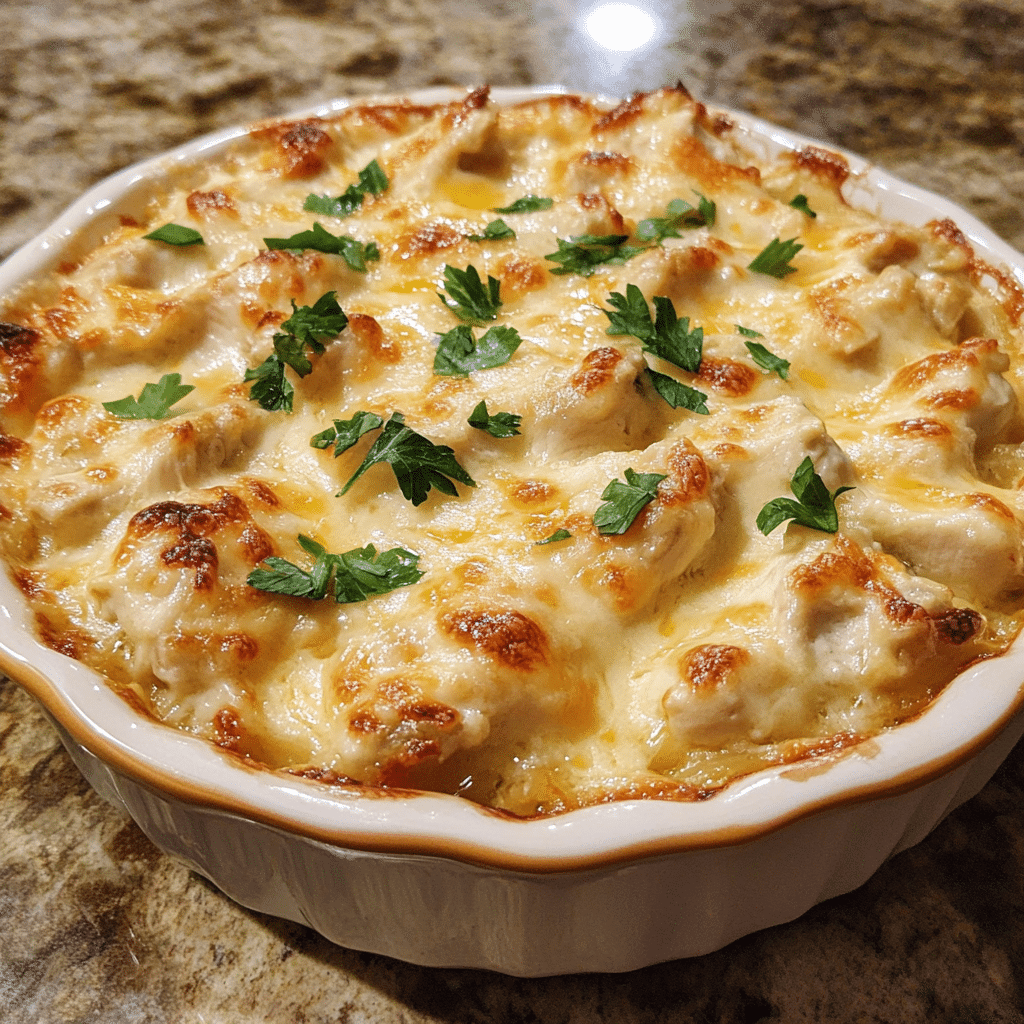 Homemade neiman marcus chicken casserole – creamy, cheesy, crowd in a serving dish in a bright kitchen