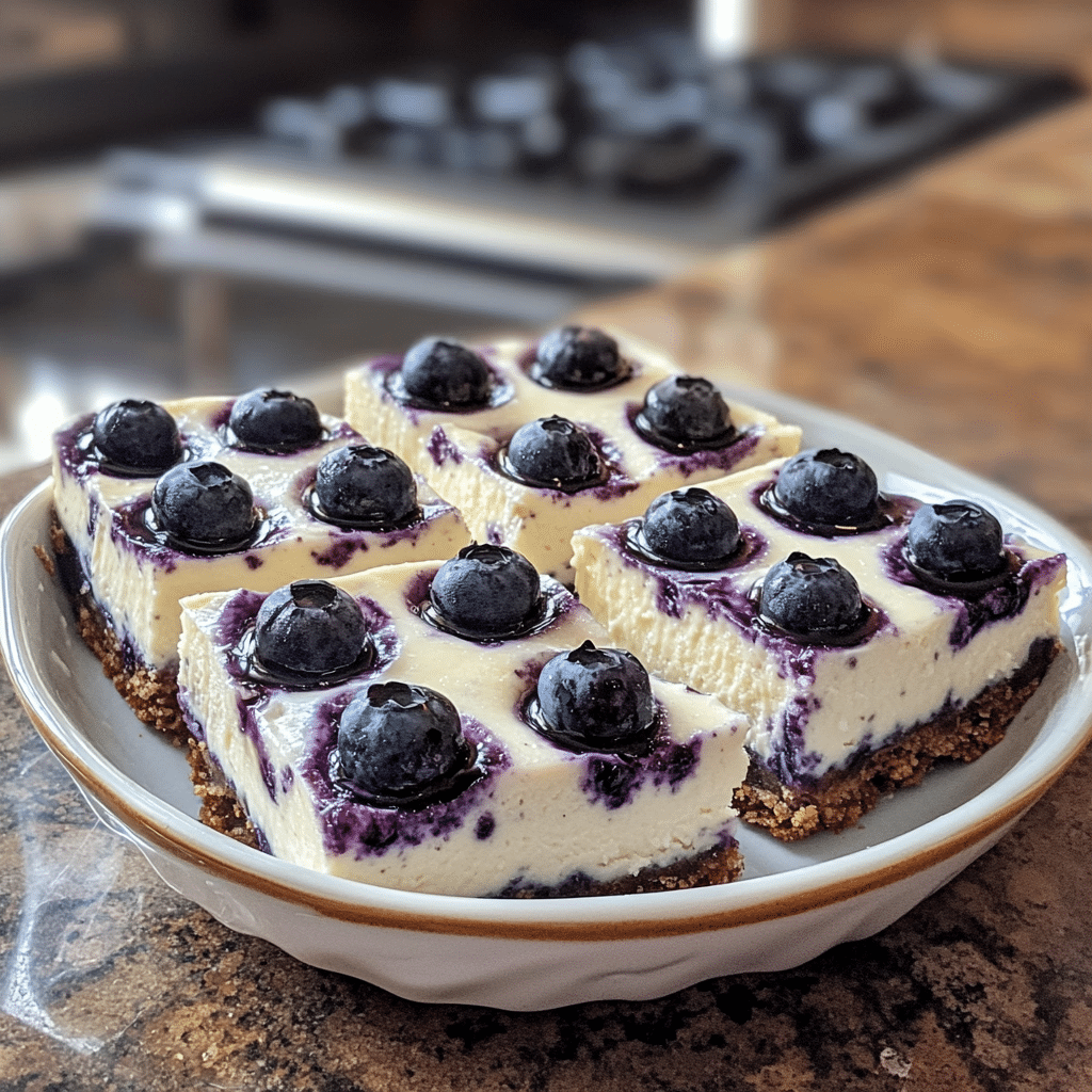 Homemade no bake lemon blueberry cheesecake bars in a serving dish in a bright kitchen