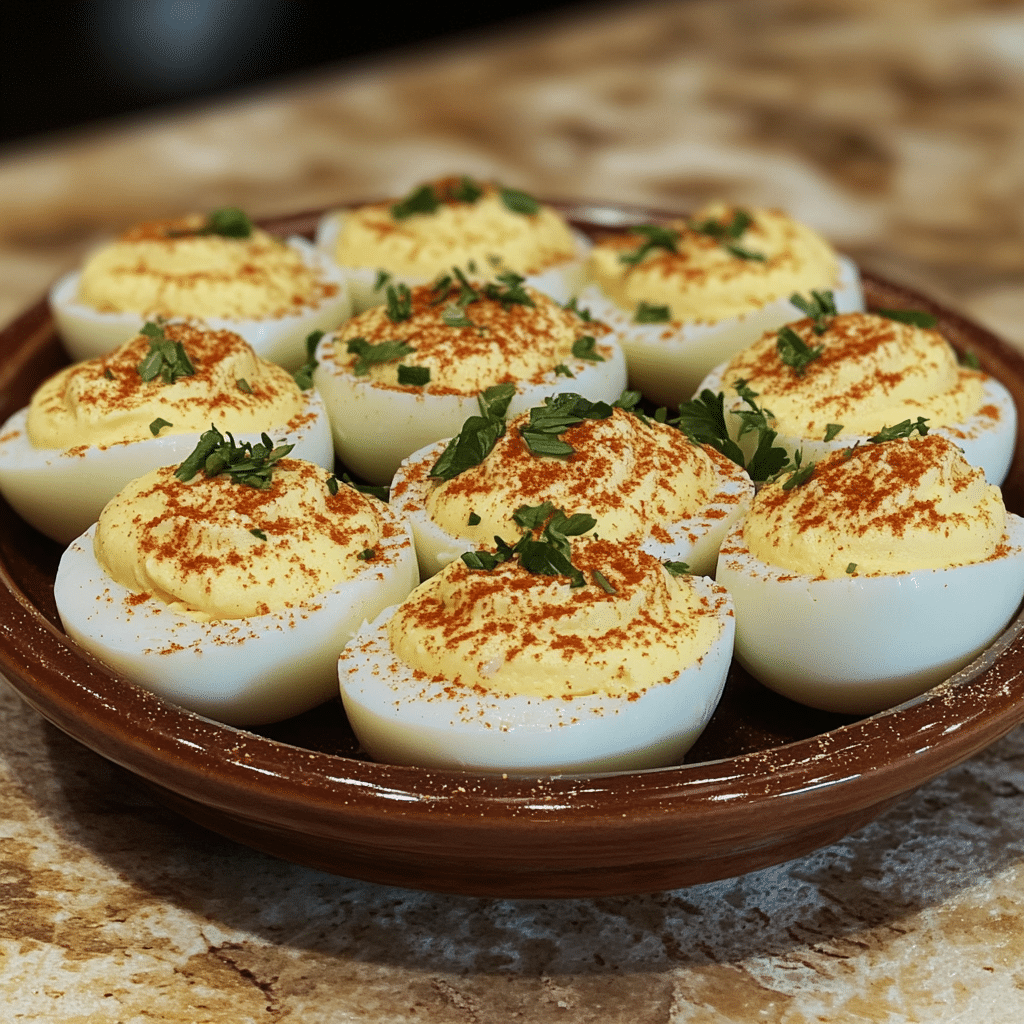 Homemade no mayo deviled eggs in a serving dish in a bright kitchen