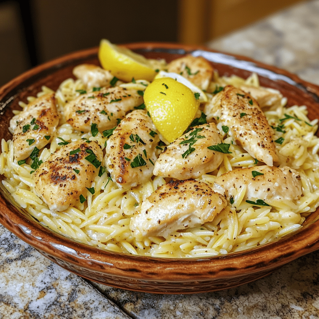 Homemade one pan lemon pepper chicken orzo in a serving dish in a bright kitchen