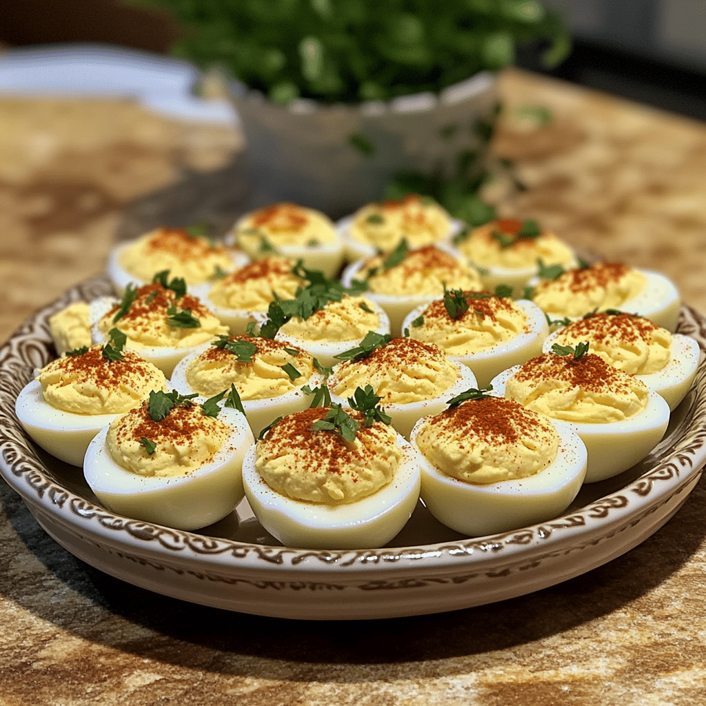 Homemade paula deen’s classic deviled eggs in a serving dish in a bright kitchen