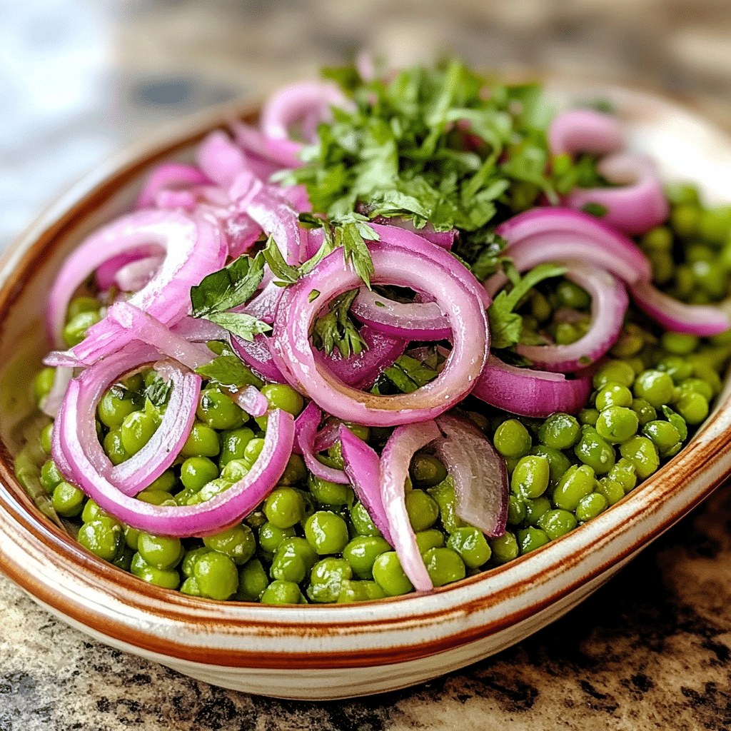 Homemade pea salad with red onions served in a dish in a bright kitchen