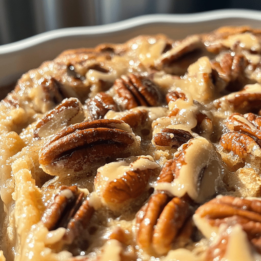 Pecan Pie Dump Cake served in a dish with visible texture and garnish