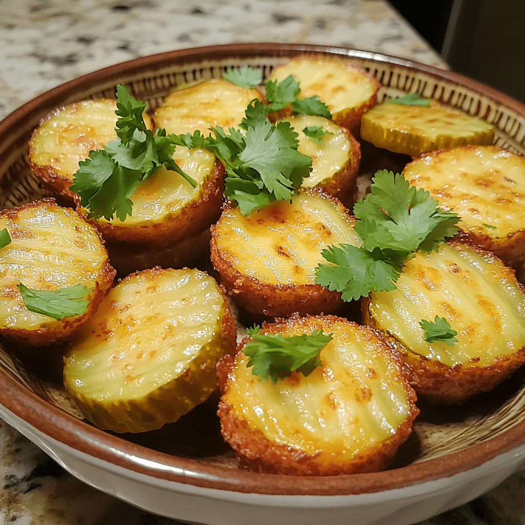 Homemade pickle cheeseburger poppers in a serving dish in a bright kitchen