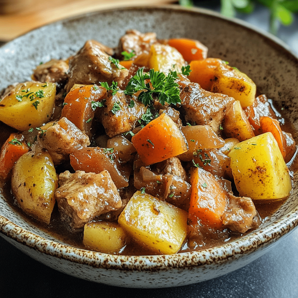 Homemade pin on winter recipes in a serving dish in a bright kitchen