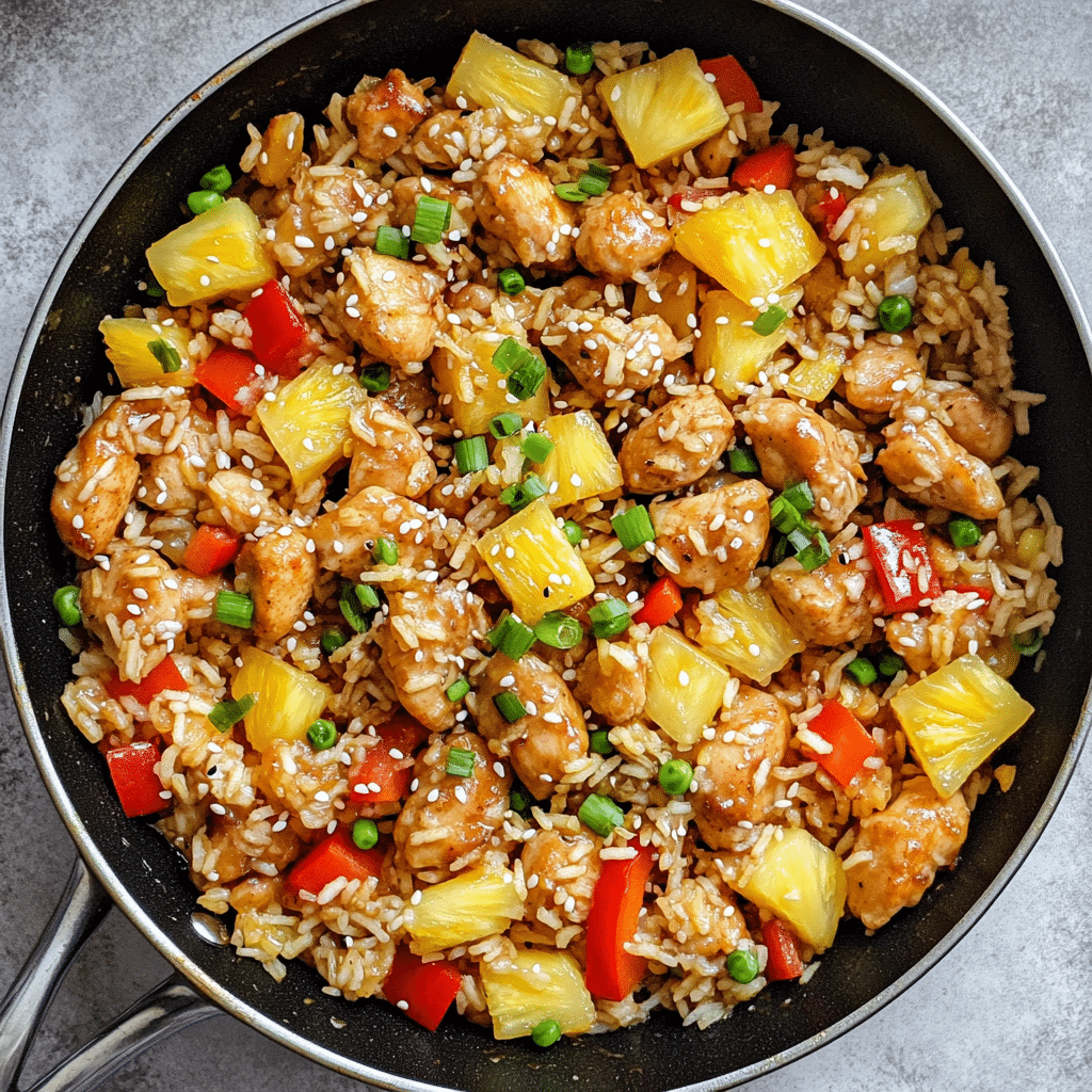 Pineapple chicken and rice with bell pepper green onion and sesame seeds