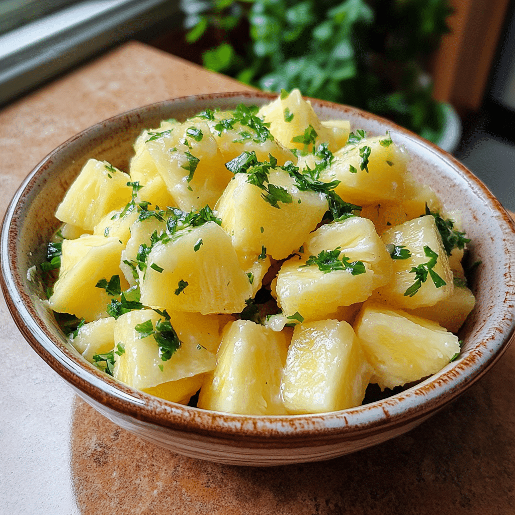 Homemade pineapple fluff salad in a serving dish in a bright kitchen