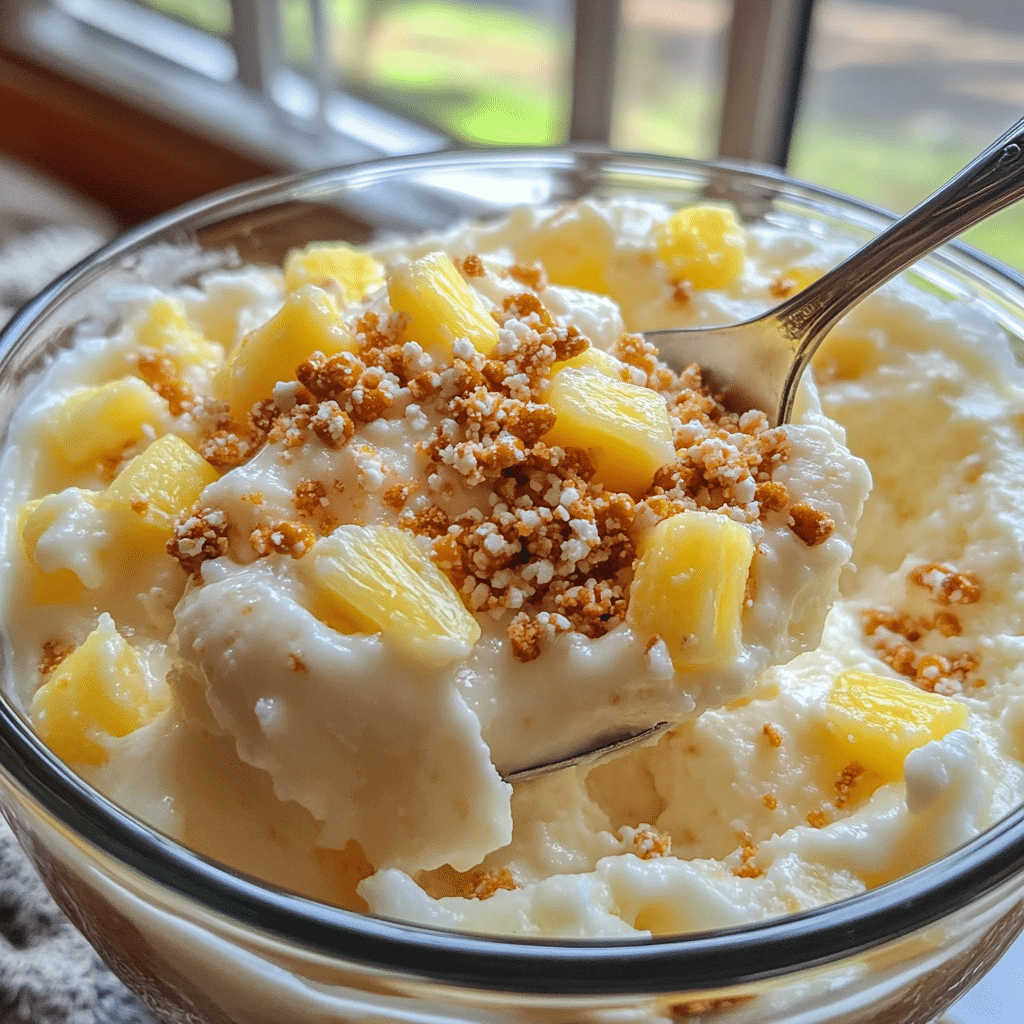 Bowl of pineapple pretzel fluff with crushed pretzels and pineapple bits