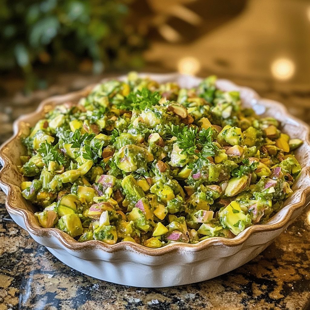 Homemade pistachio fluff salad for thanksgiving in a serving dish in a bright kitchen