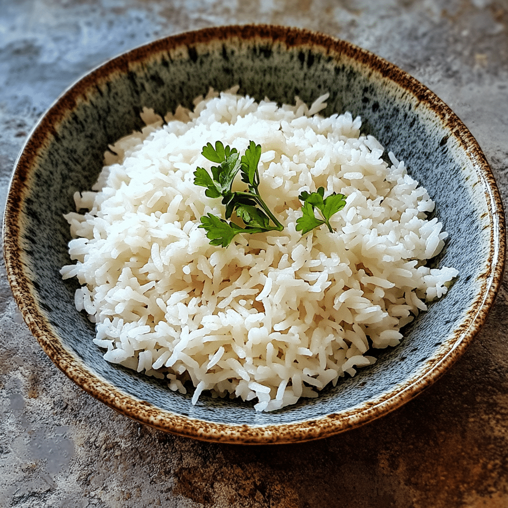 Homemade plain rice in a serving dish in a bright kitchen