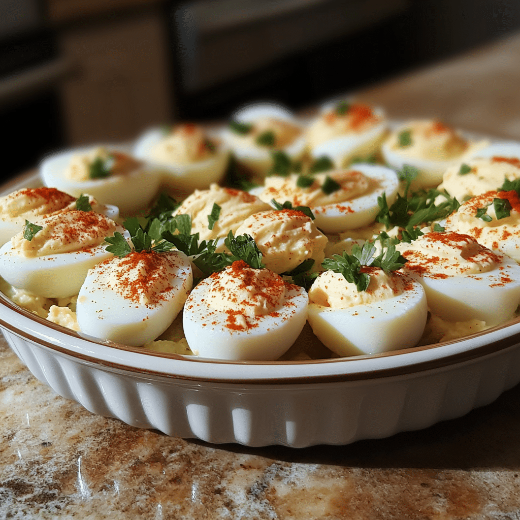 Homemade potato salad deviled eggs in a serving dish in a bright kitchen