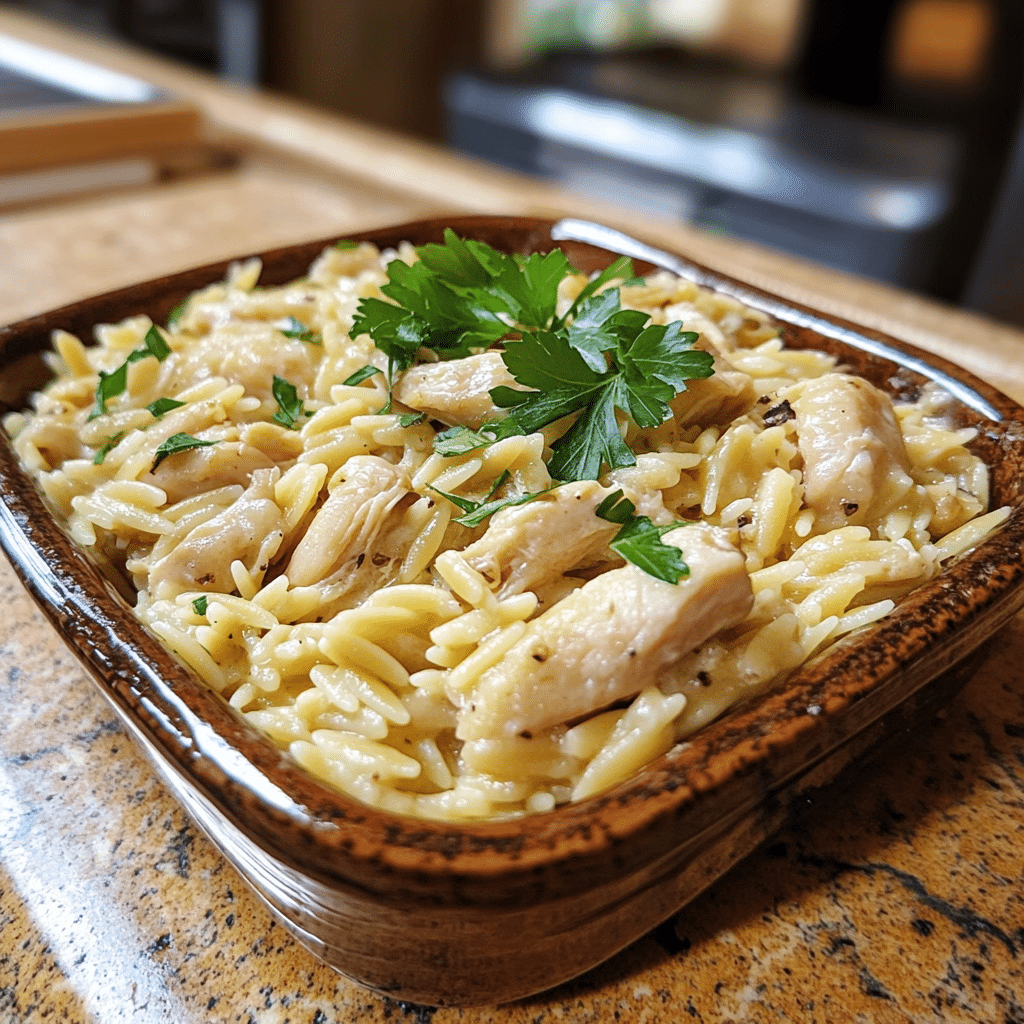 Homemade quick high protein chicken orzo in a serving dish in a bright kitchen