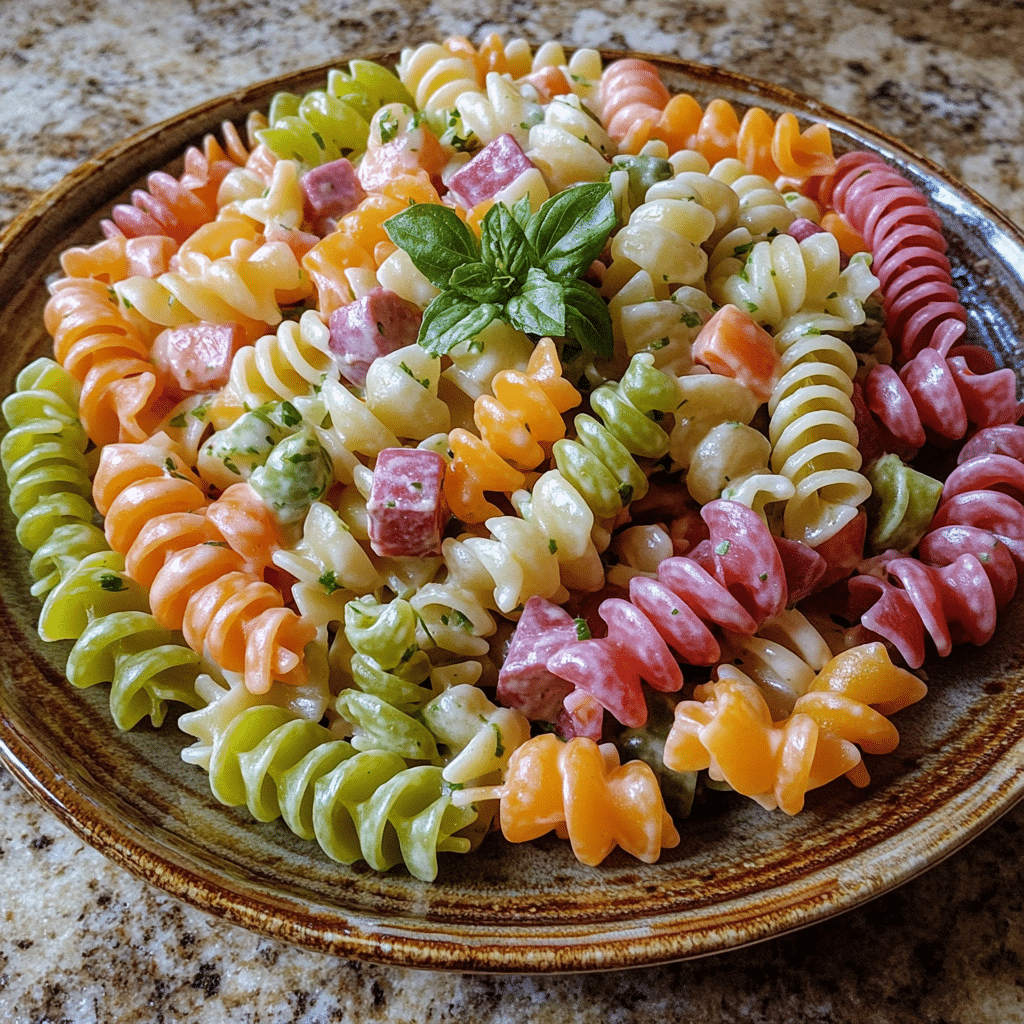 Homemade rainbow antipasto pasta salad in a serving dish in a bright kitchen