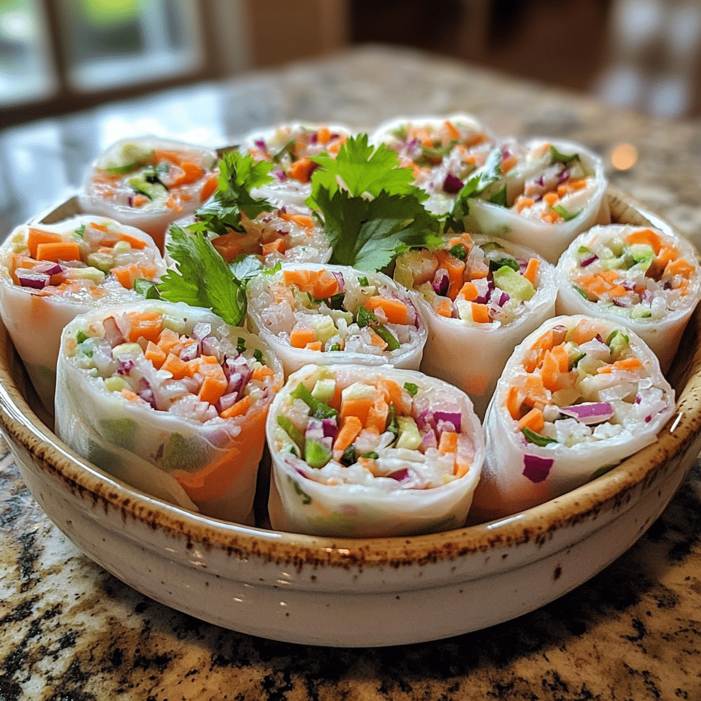 Homemade rice paper pizza rolls recipe in a serving dish in a bright kitchen