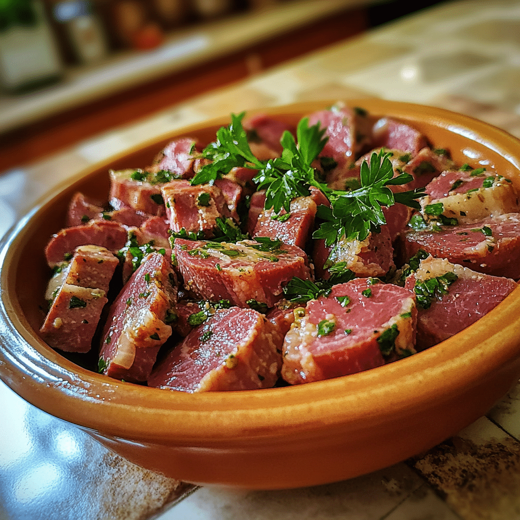 Homemade sałatka z pora i szynki in a serving dish in a bright kitchen