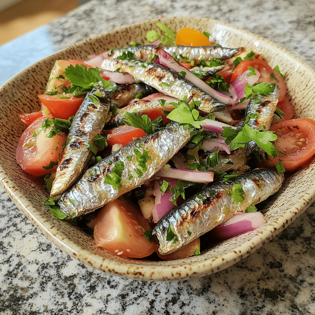 Homemade sardine salad in a serving dish in a bright kitchen