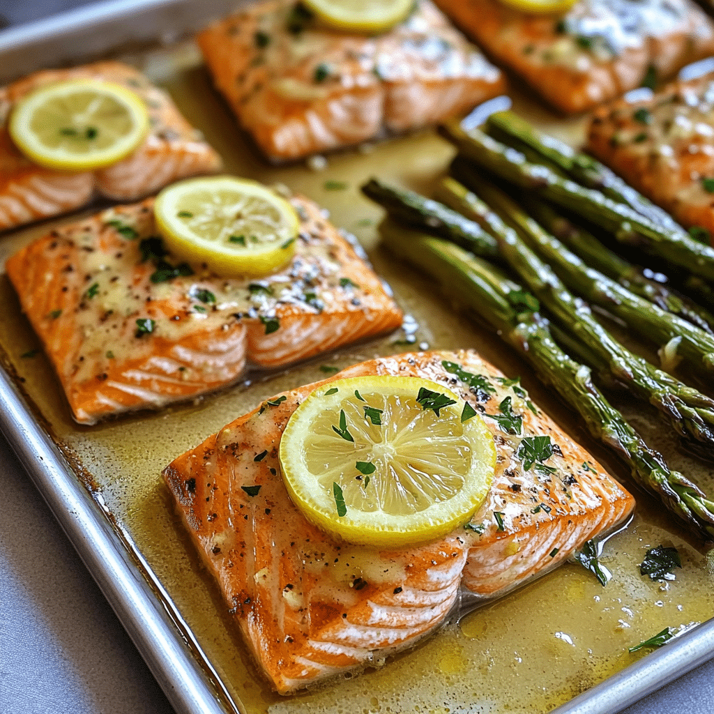 Sheet pan lemon garlic butter salmon with roasted asparagus and lemon slices