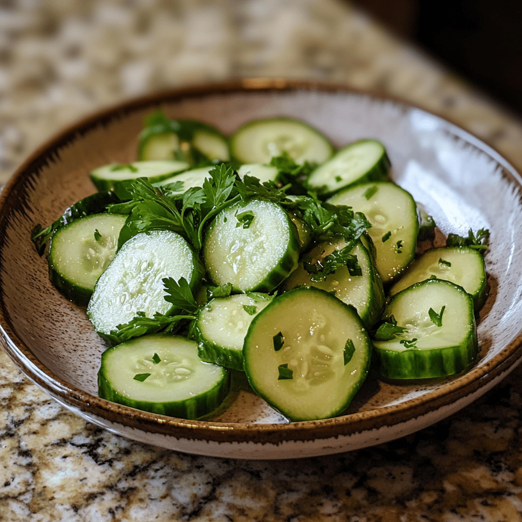Homemade simple german cucumber salad in a serving dish in a bright kitchen