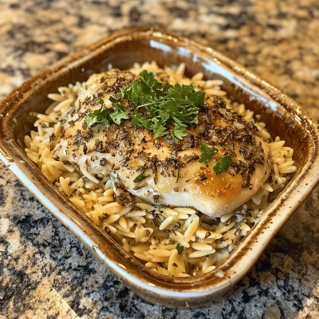Homemade slow cooker parmesan herb chicken & orzo in a serving dish in a bright kitchen