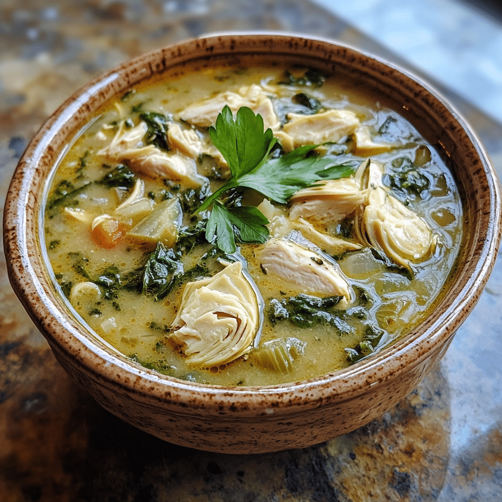 Homemade slow cooker spinach artichoke chicken soup 🍲 in a serving dish in a bright kitchen