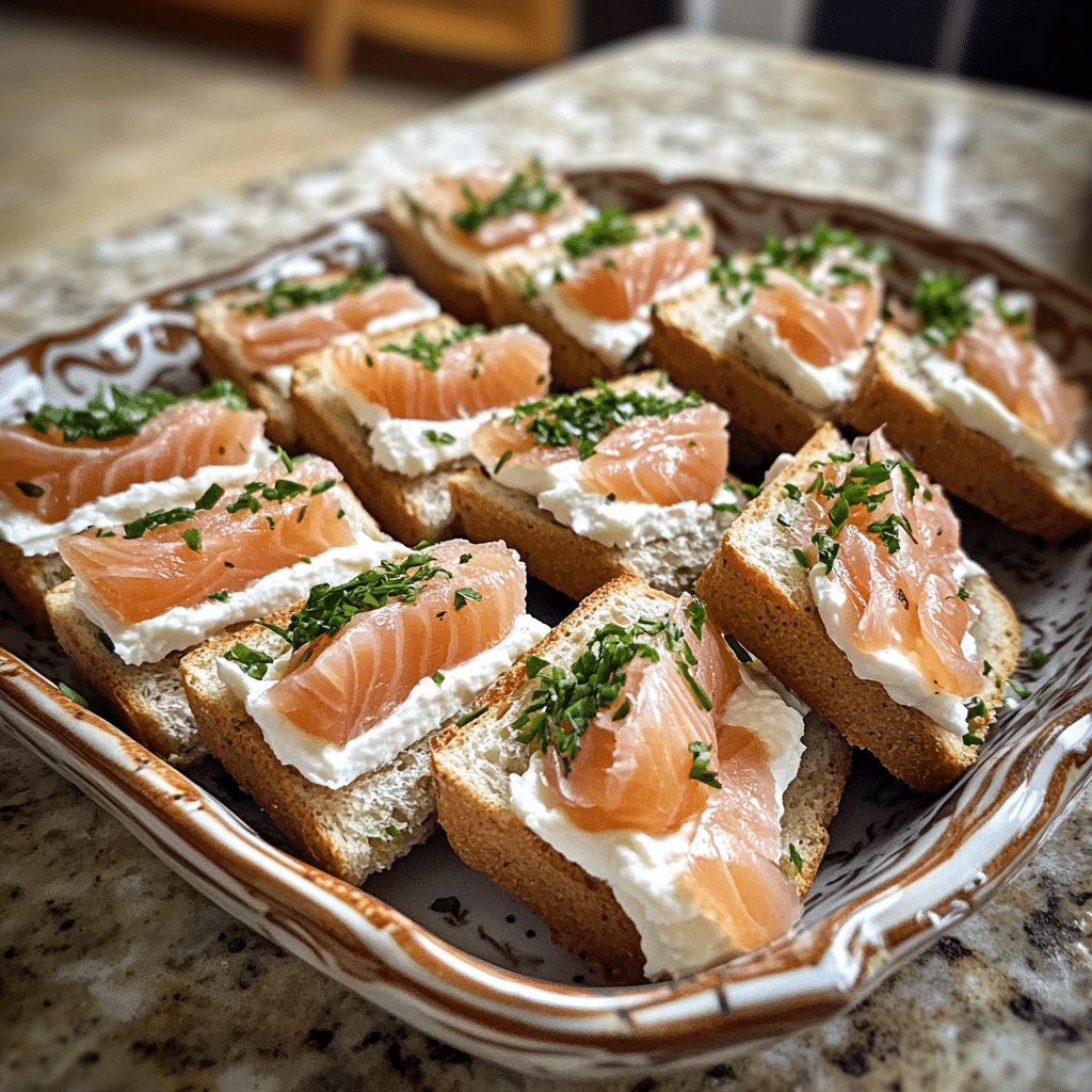 Homemade smoked salmon & cream cheese tea sandwiches in a serving dish in a bright kitchen