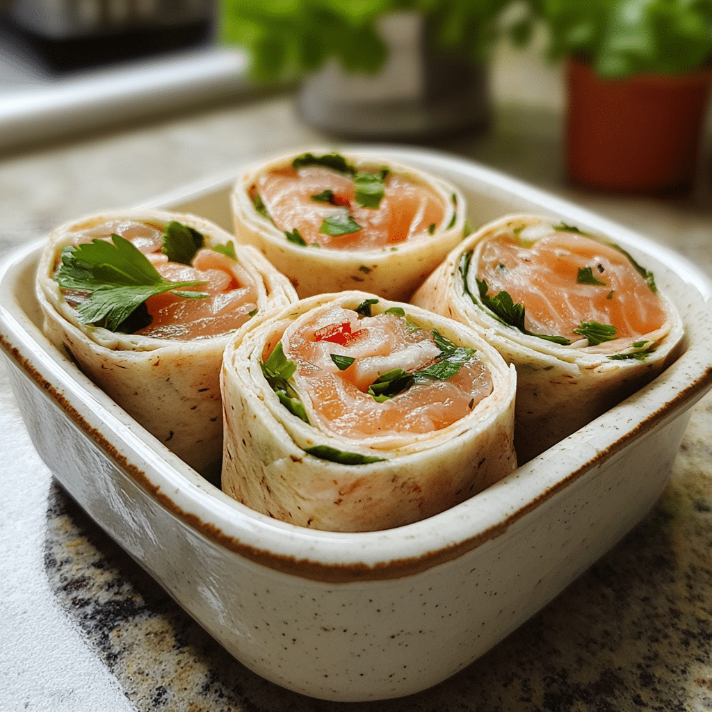 Homemade smoked salmon wrap in a serving dish in a bright kitchen