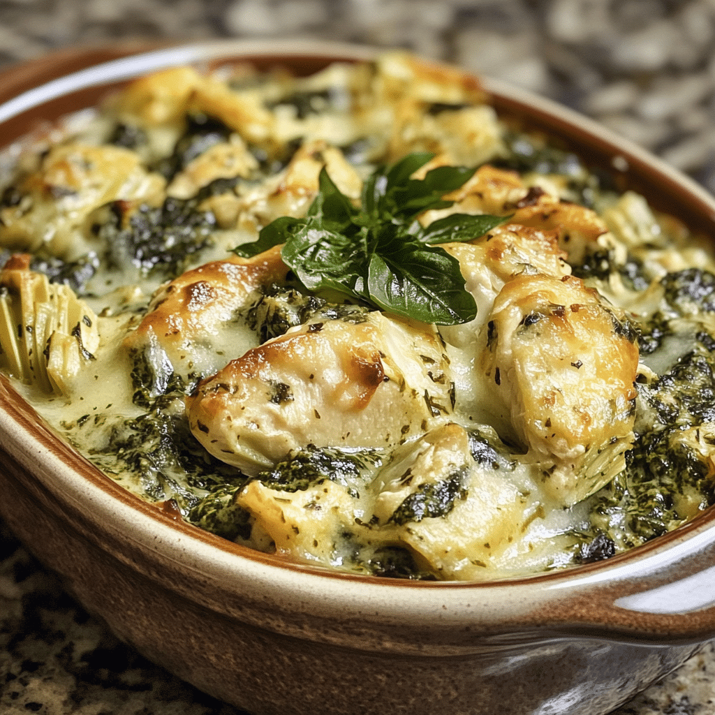 Homemade spinach artichoke chicken casserole that is protein packed in a serving dish in a bright kitchen